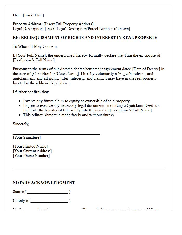 Ex-Spouse Real Estate Relinquishment Letter