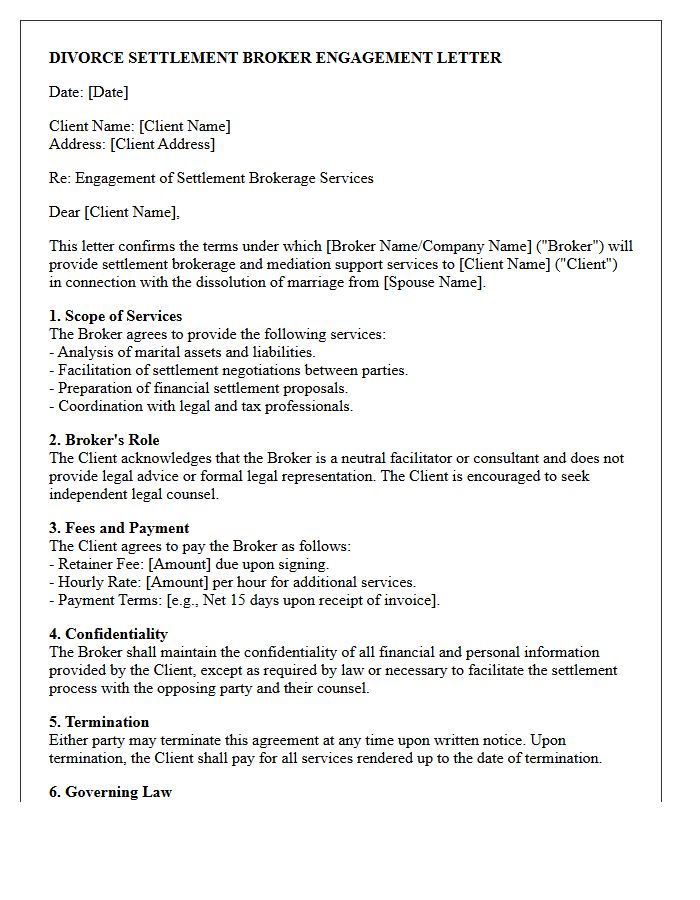 Divorce Settlement Broker Engagement Letter