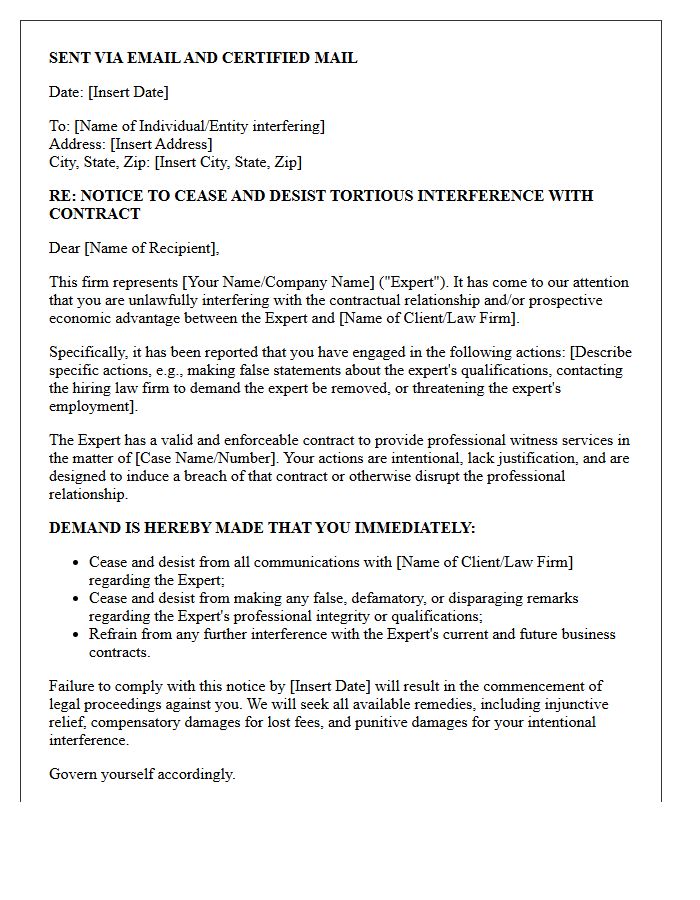 Expert Witness Contract Interference Cease And Desist Letter
