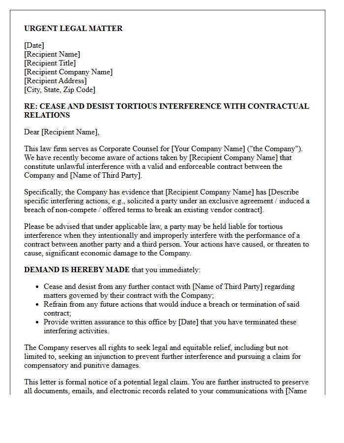 Corporate Counsel Contract Interference Cease And Desist Letter