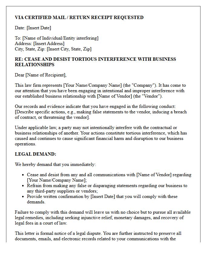 Legal Vendor Relationship Interference Cease And Desist Letter