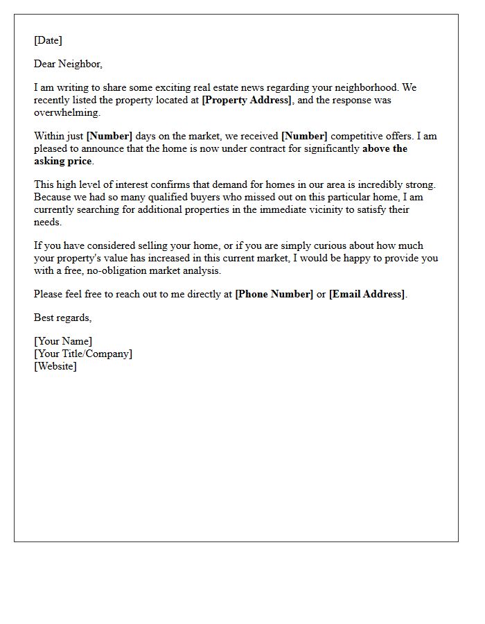 Multiple Offers Received Above Asking Price Neighbor Letter