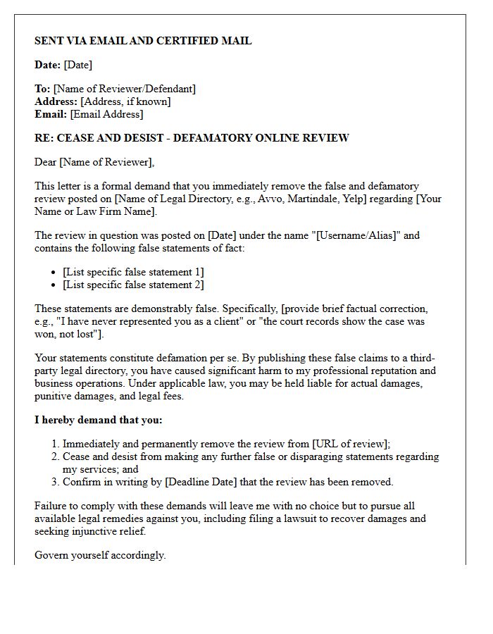 False Online Legal Directory Review Defamation Cease And Desist Letter