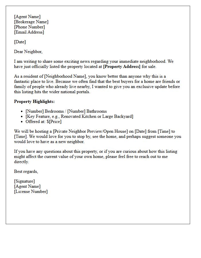 Exclusive Just Listed Neighbor Update Letter