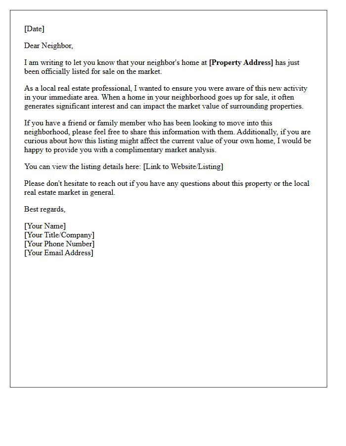 Nearby Home Just Listed Notification Letter