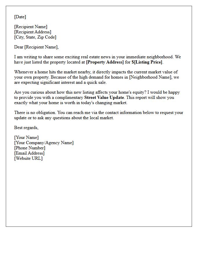 Just Listed Street Value Update Letter