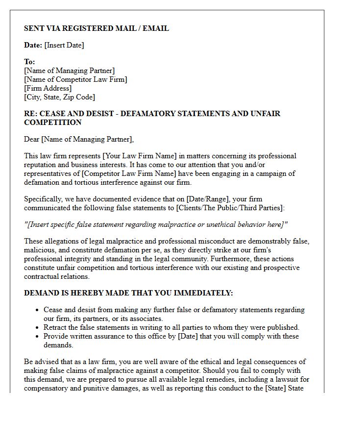 Competitor Law Firm Malpractice Defamation Cease And Desist Letter