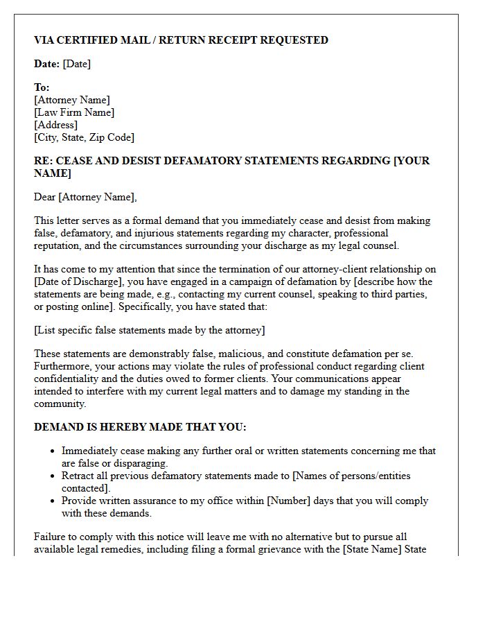 Discharged Attorney Defamation Cease And Desist Letter