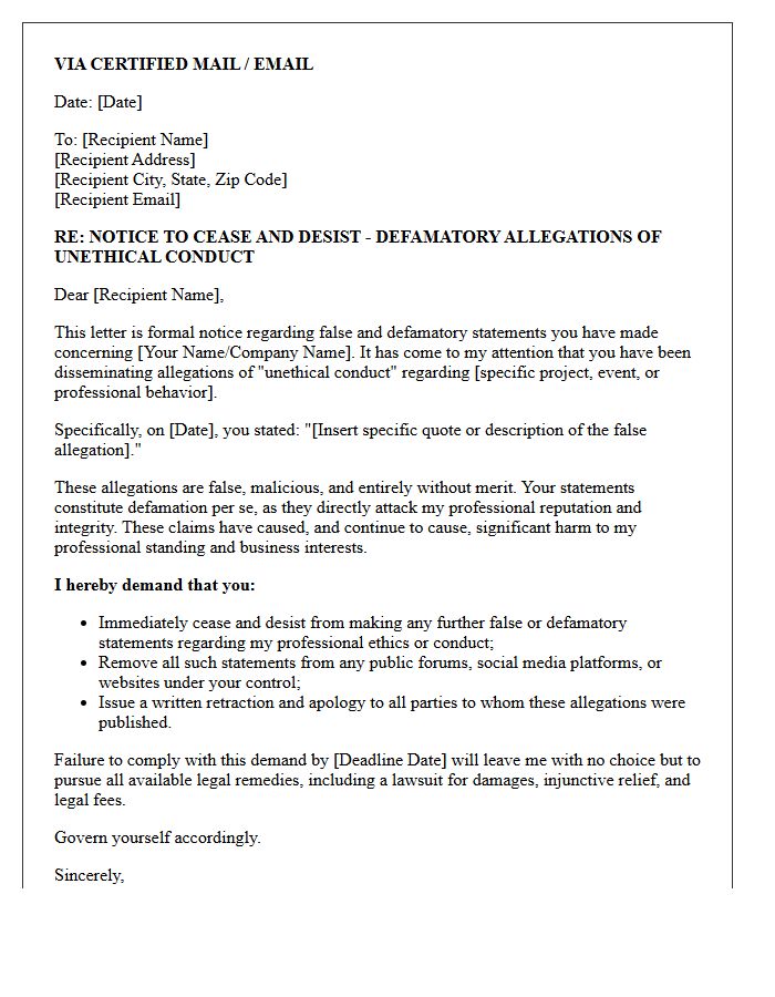 Unethical Conduct Allegation Defamation Cease And Desist Letter