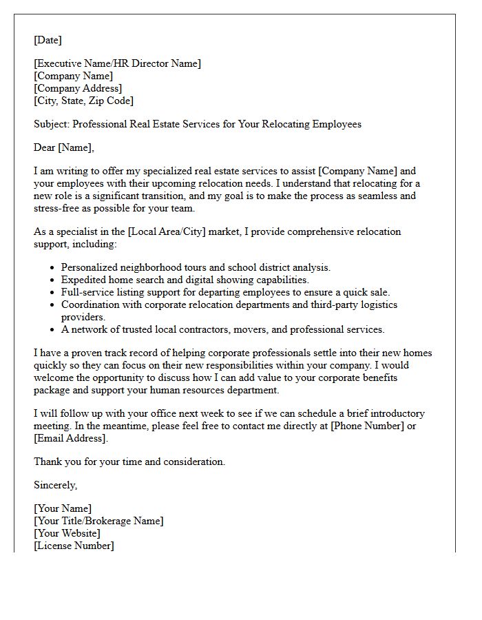Corporate Relocation Real Estate Listing Letter