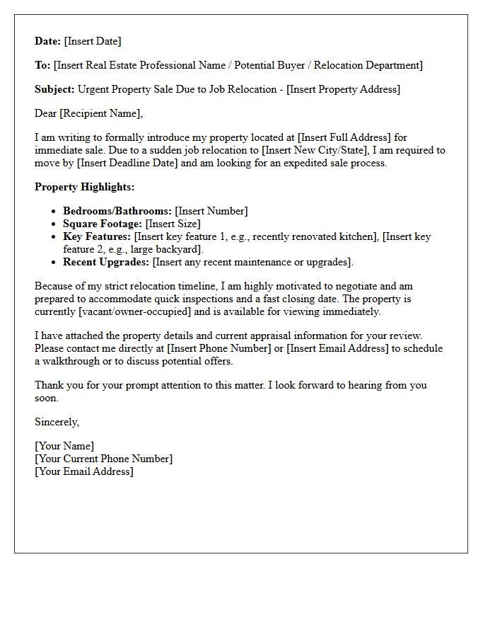 Urgent Job Relocation Home Sale Introduction Letter