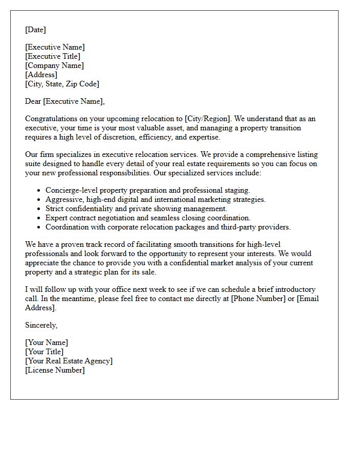 Executive Transfer Real Estate Listing Services Letter