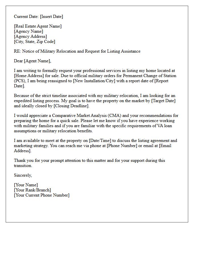 Military Reassignment Home Listing Assistance Letter