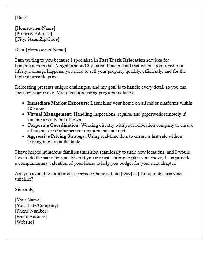 Fast Track Relocation Real Estate Listing Letter