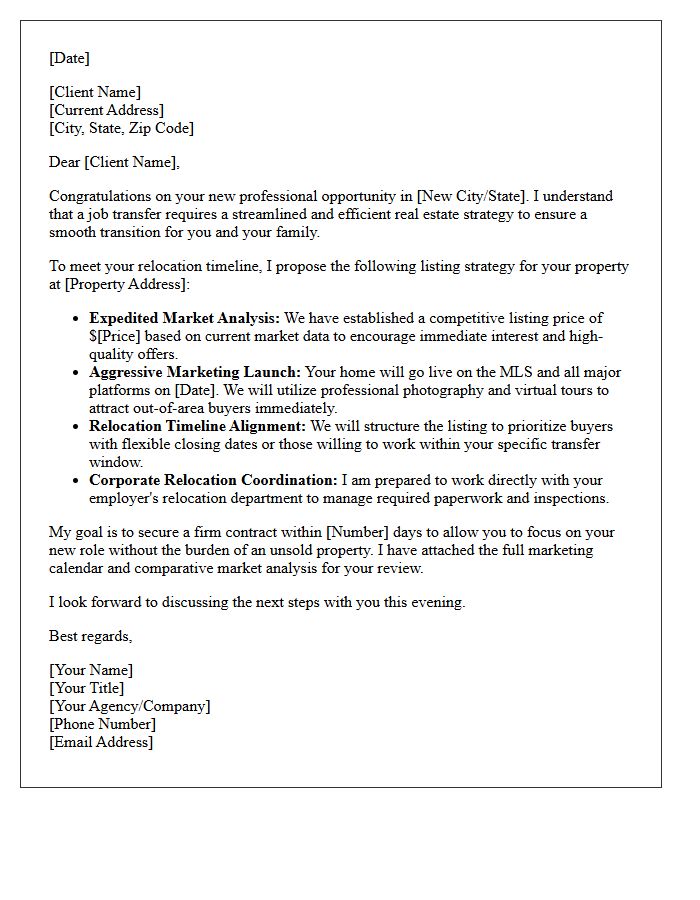 Professional Job Transfer House Listing Strategy Letter