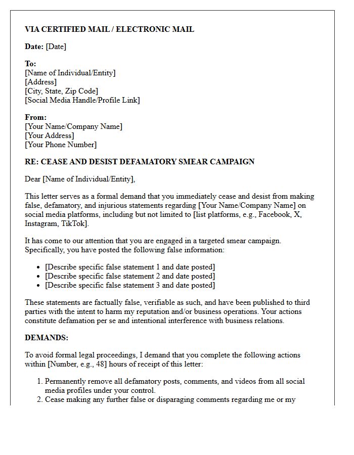 Social Media Smear Campaign Defamation Cease And Desist Letter