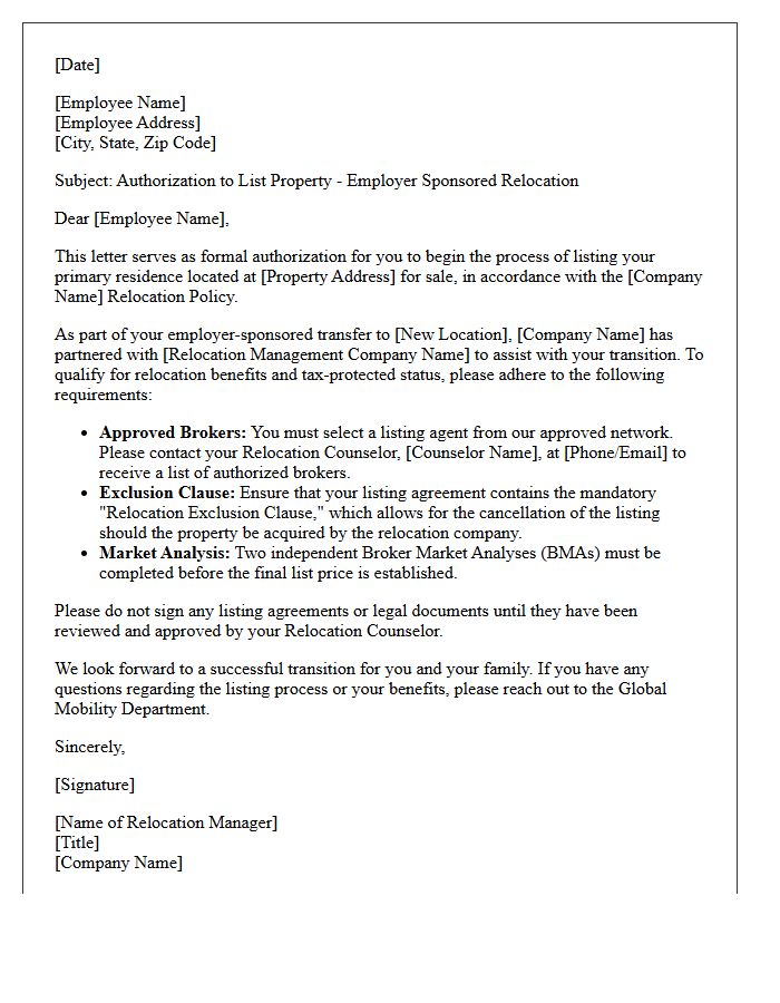 Employer Sponsored Transfer Real Estate Listing Letter
