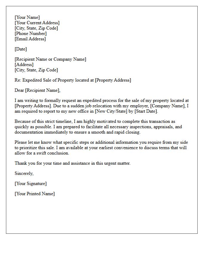 Expedited Home Sale For Job Relocation Letter
