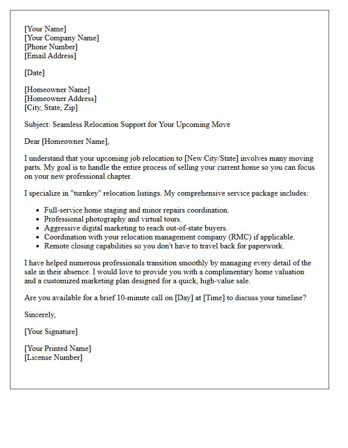 Turnkey Job Relocation Real Estate Listing Letter