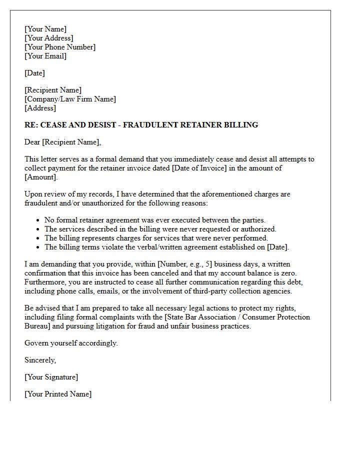 Fraudulent Retainer Billing Accusation Cease And Desist Letter