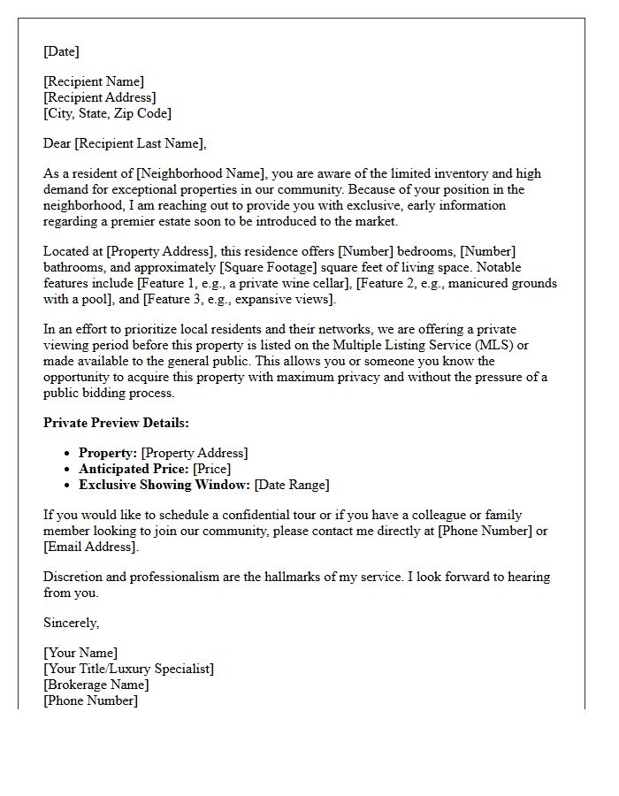 Affluent Neighborhood Exclusive Pre-Market Letter