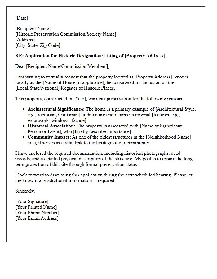 Historic Home Preservation Listing Letter