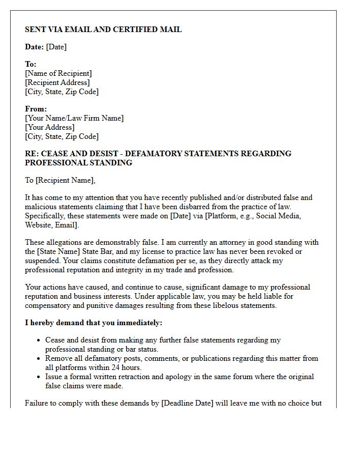 False Disbarment Claim Defamation Cease And Desist Letter