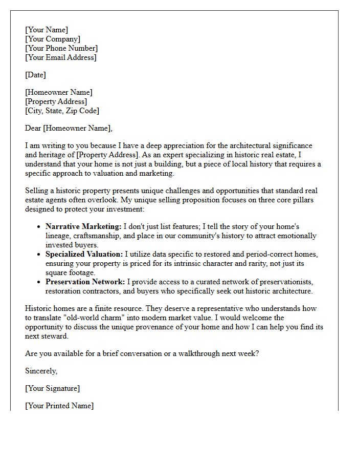 Historic Property Unique Selling Proposition Letter