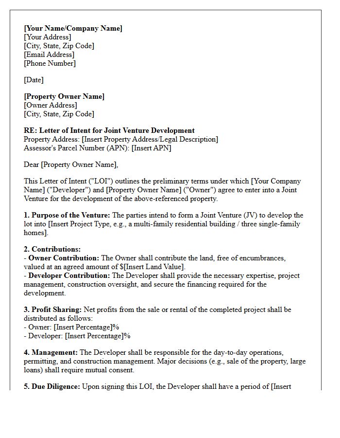 Letter of Intent for Lot Development Joint Venture