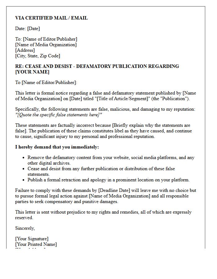 Local Media Libel Publication Cease And Desist Letter