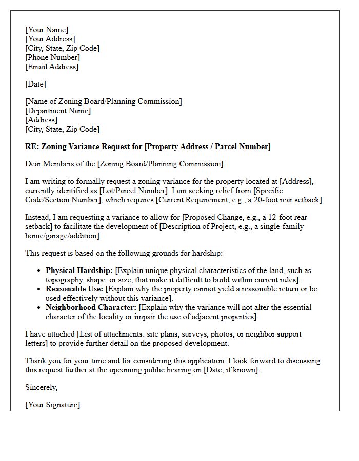 Zoning Variance Request Letter for Lot Development