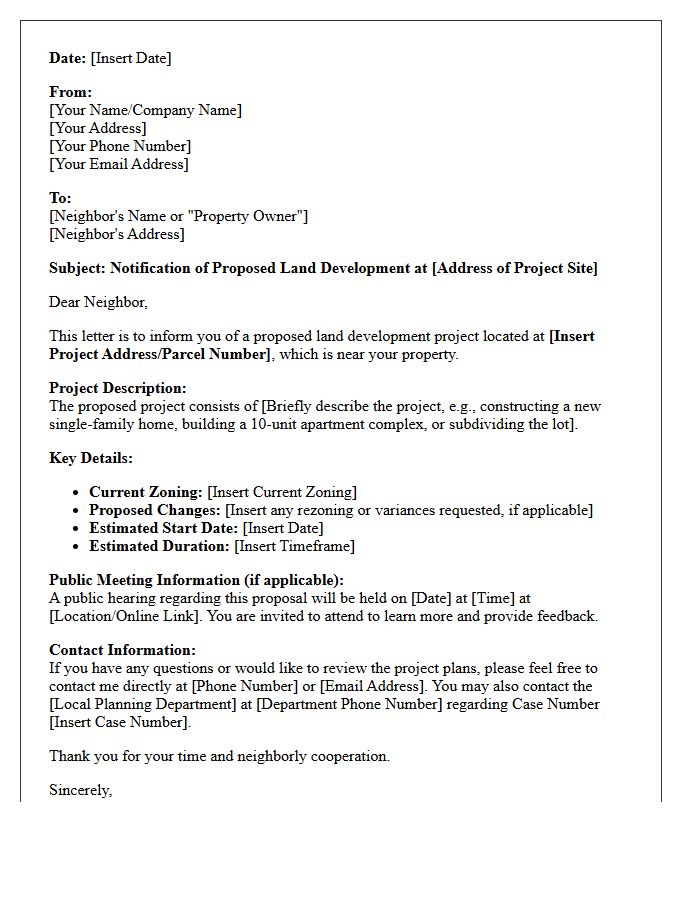 Neighbor Notification Letter for Proposed Land Development