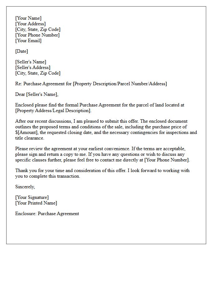 Formal Purchase Agreement Cover Letter for Land