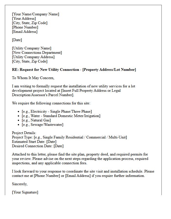 Utility Connection Request Letter for Lot Development