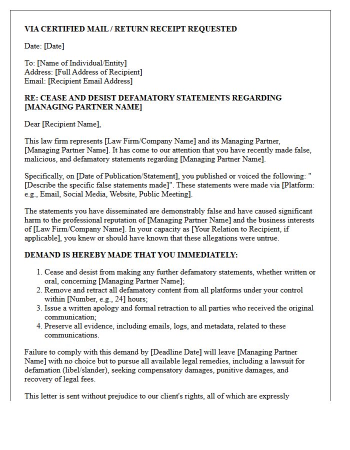 Managing Partner Reputation Defamation Cease And Desist Letter