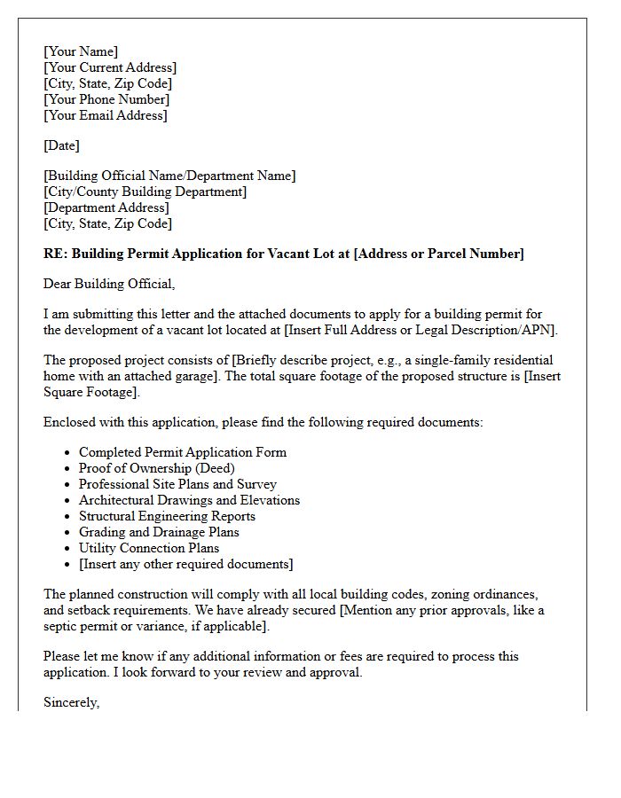 Building Permit Application Cover Letter for Vacant Lot