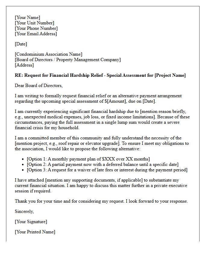 Financial Hardship Condominium Special Assessment Relief Letter