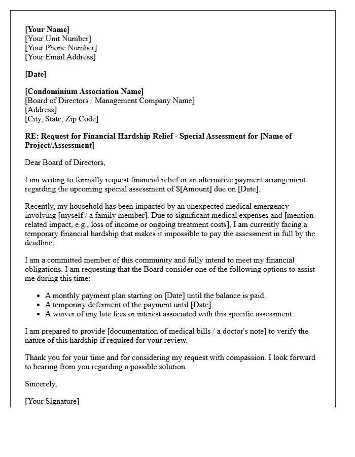 Medical Emergency Condominium Special Assessment Relief Letter