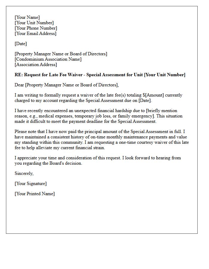 Late Fee Waiver Condominium Special Assessment Relief Letter