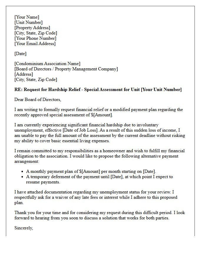 Unemployment Hardship Condominium Special Assessment Relief Letter