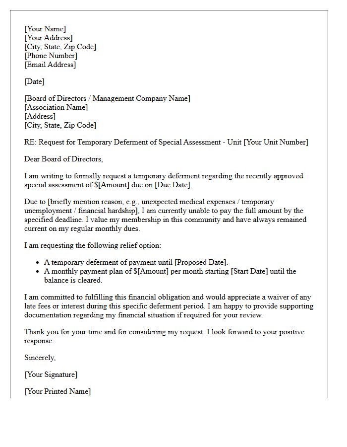 Temporary Deferment Request Special Assessment Relief Letter