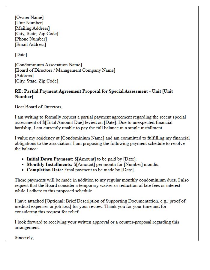 Partial Payment Agreement Condominium Special Assessment Relief Letter