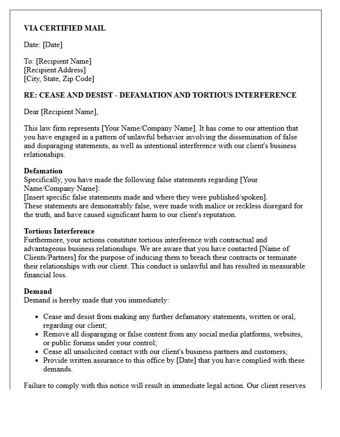 Tortious Interference And Defamation Cease And Desist Letter