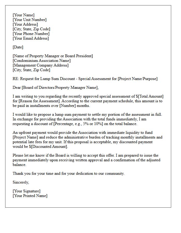 Lump Sum Discount Condominium Special Assessment Relief Letter
