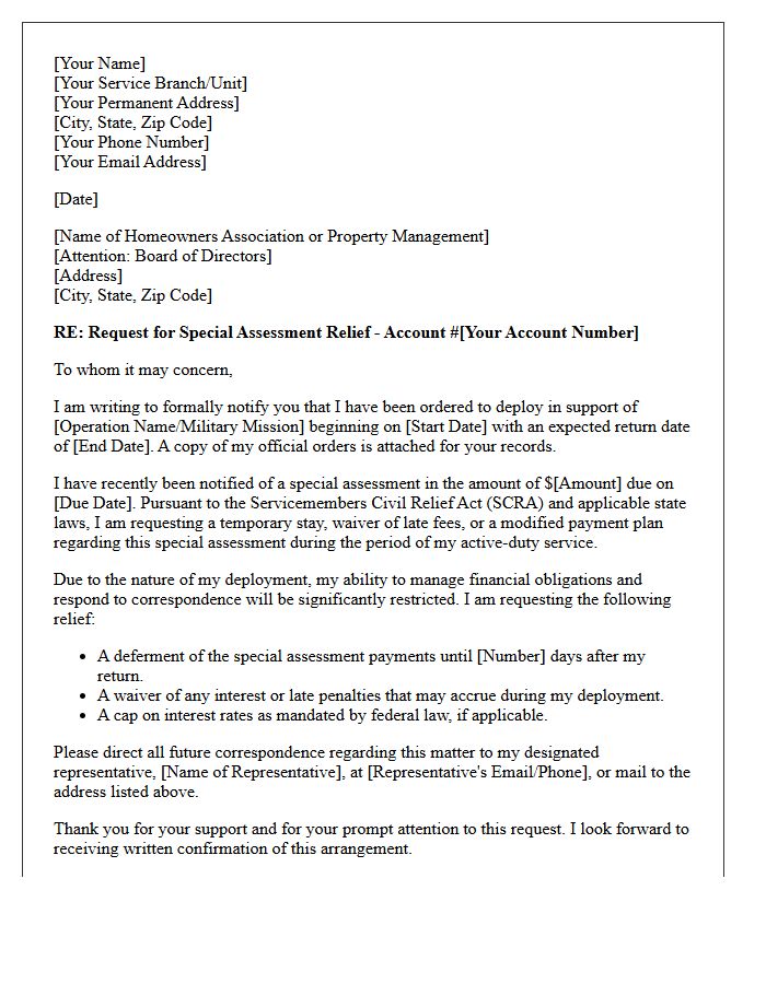Military Deployment Special Assessment Relief Letter