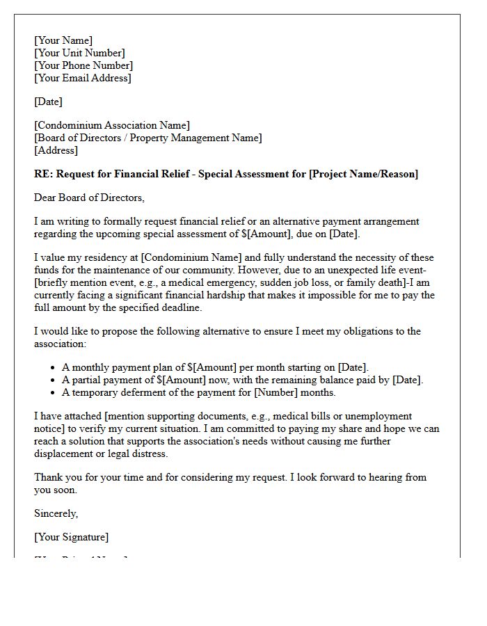 Unexpected Life Event Condominium Special Assessment Relief Letter