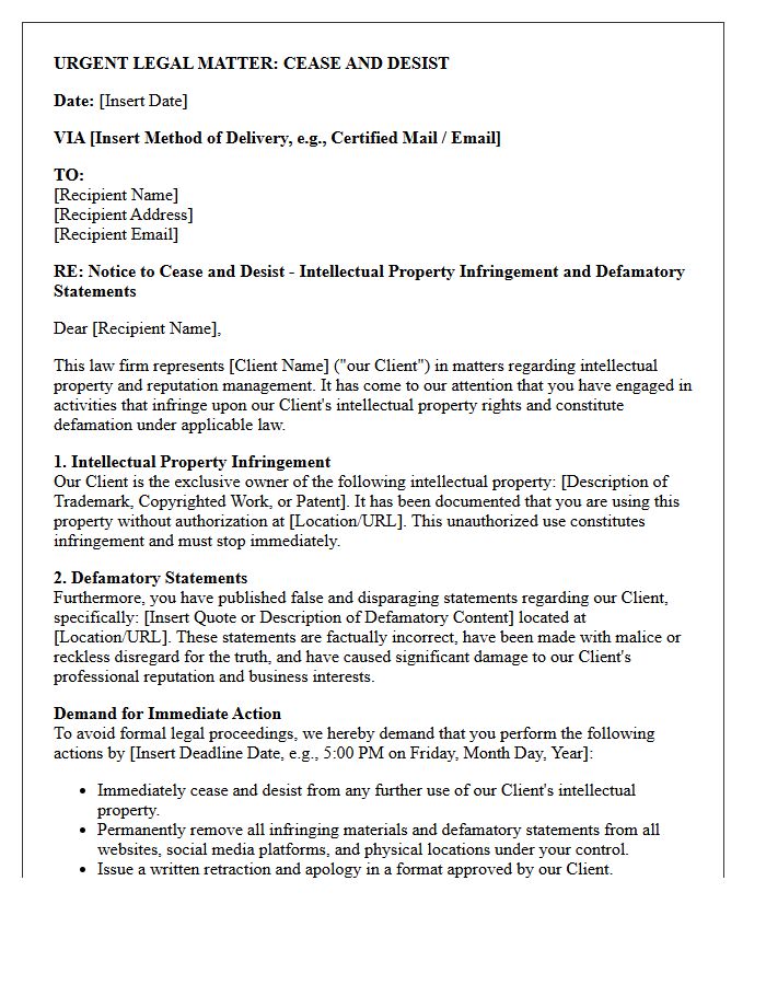 Law Firm Intellectual Property And Defamation Cease And Desist Letter