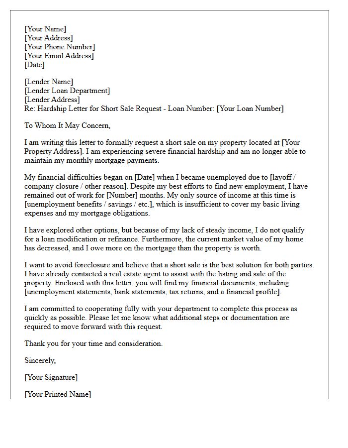 Unemployment Hardship Short Sale Assistance Letter