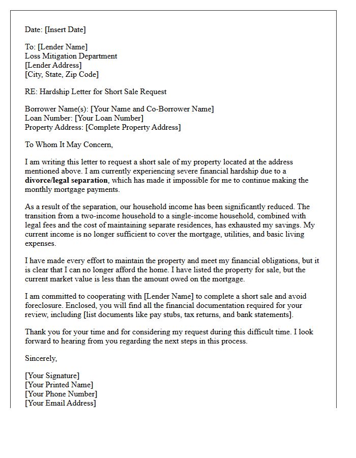 Divorce or Separation Short Sale Hardship Letter