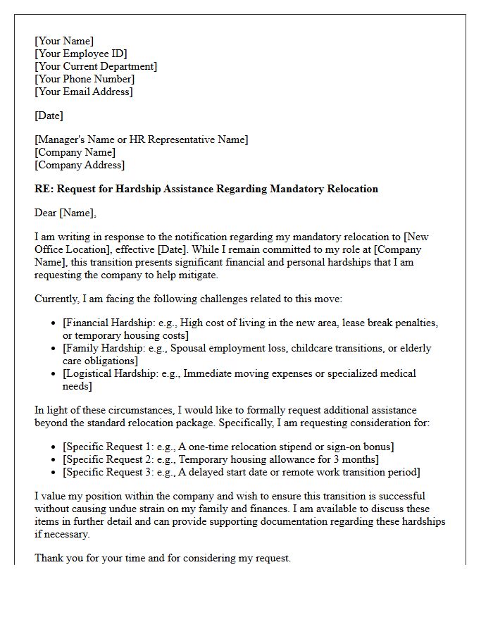 Mandatory Job Relocation Hardship Assistance Letter